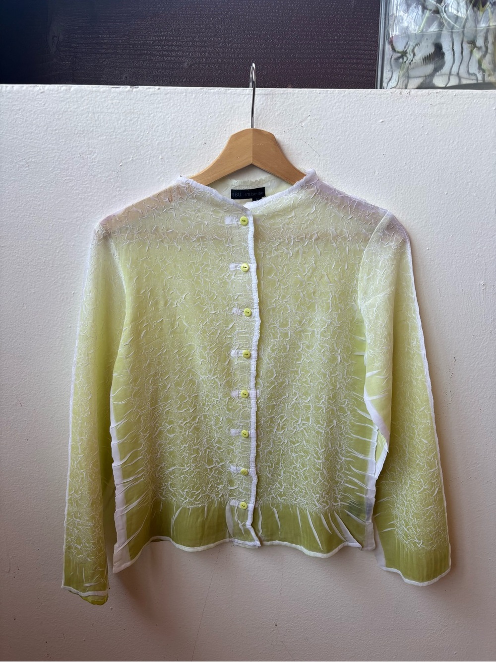 Y2K chartreuse green, crinkled sheer long-sleeve button-down blouse